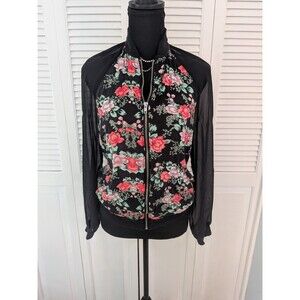 Kendall & Kylie Bomber Jacket Womens S Black Pink Floral Zip Crop Skater Hipster